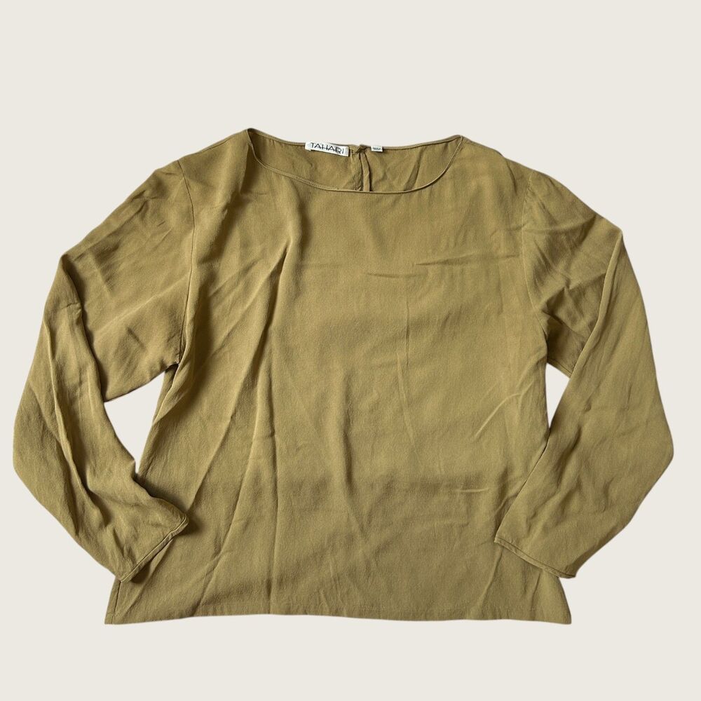 Vintage Y2K Tahari 100% Silk Olive Long Sleeve Blouse Size 12